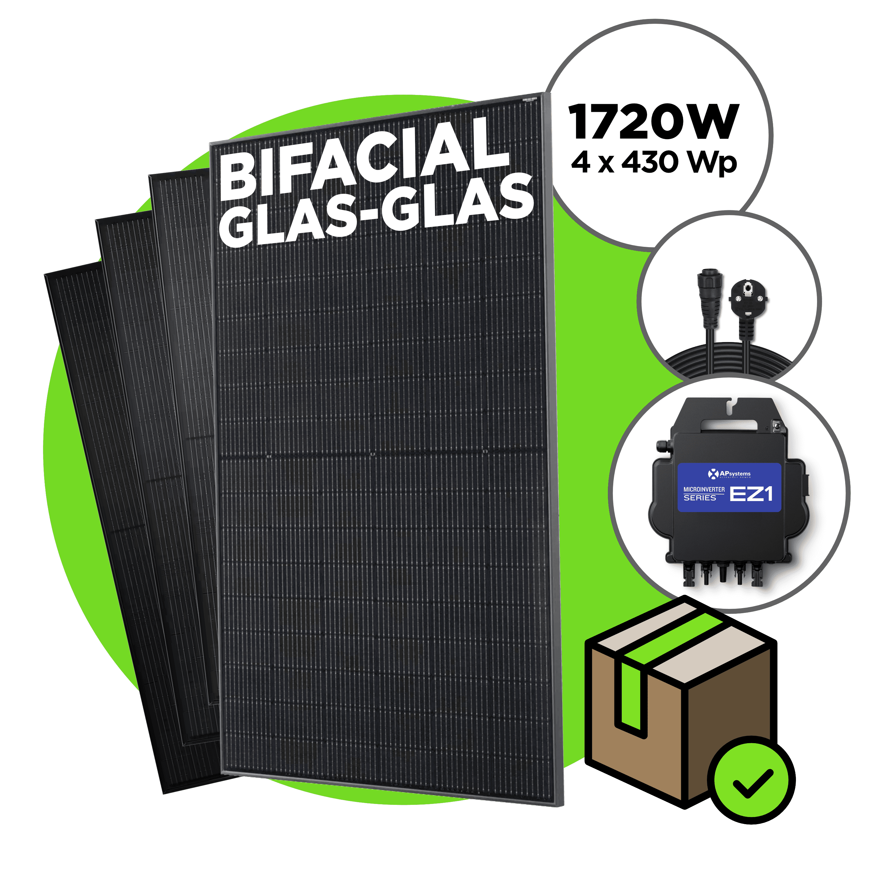 1720 Wp Bifacial Full Black Balkonkraftwerk mit 4 Modulen — Apsystems EZ1-M / ohne Unterkonstruktion / 5 m